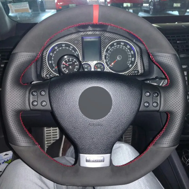 Черная замша натуральная кожа DIY чехол рулевого колеса автомобиля для Volkswagen Golf 5 Mk5 GTI VW Golf 5 R32 Passat R GT 2005 - Название цвета: Red Thread