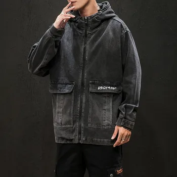 

Oversize M-5XL Letter Printing 2019 New Brand Black Denim Coat Men Fashion Loose Casual Streetwear Cloth Soft Men Hooded Jacket