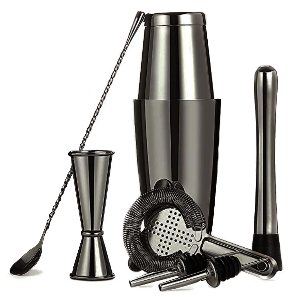 Gunmetal Black 8pcs Шейкер для коктейлей, BS-75S, 750 мл, Бостонский шейкер, набор, высокое качество, широко используется в барах - Цвет: Gunmetal Black 8pcs