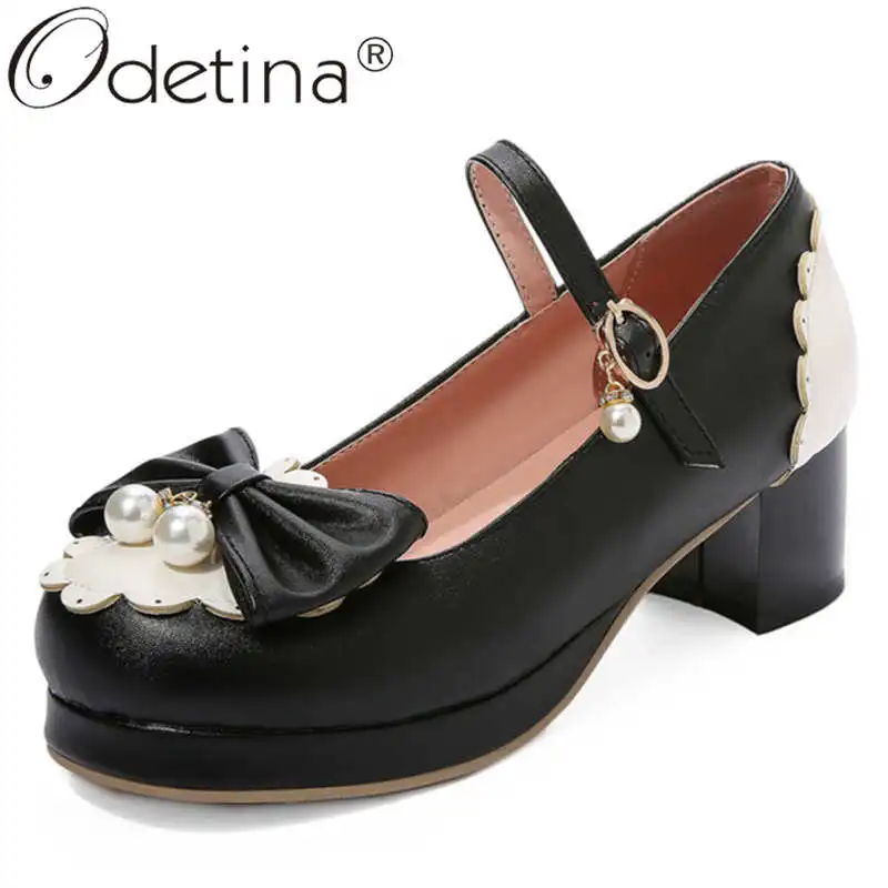 

Odetina Women Ruffles Block Mid Heel Platform Sweet Casual Shoes Bow Round Toe Buckle Strap String Bead Crystal Mary Janes Shoes