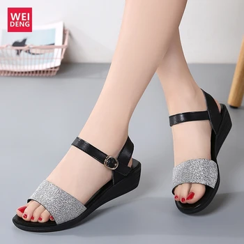 

WeiDeng Increase 3.5 Cm Casual Crystal Sandals Women Sequin Slipper Female Shoes Metal Buckle Strap Flats Summer Open Toes Sweet
