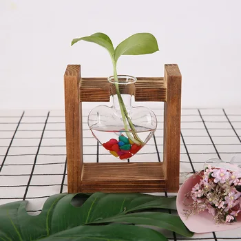 

Glass Hydroponic Plant Vase Plant Terrarium with Wooden Stand Office Home Decorations DEC889