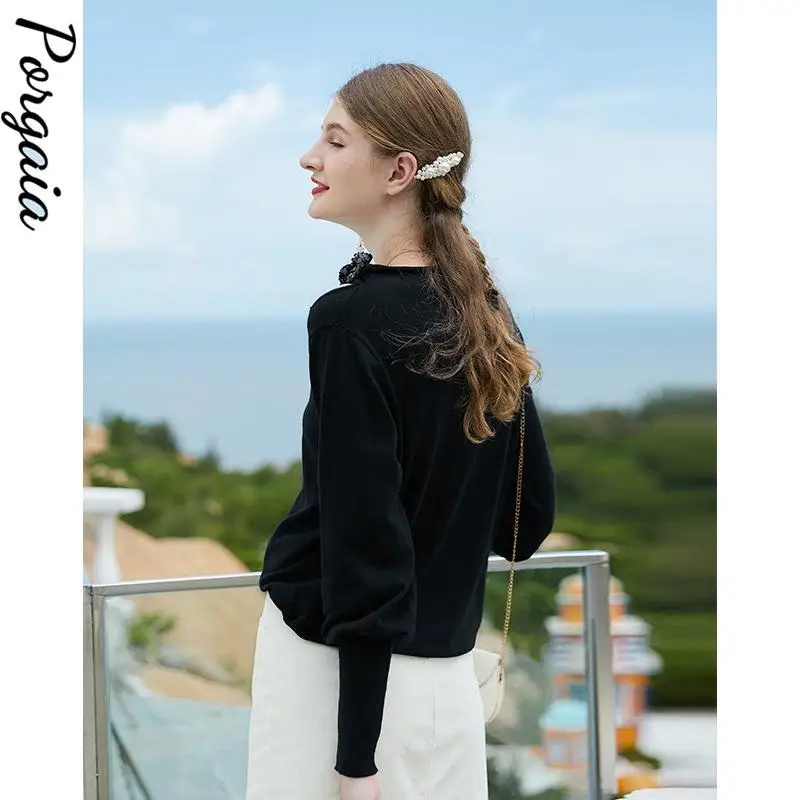 

Solid Color Off-shoulder Long-sleeved Cashmere Pullover Black