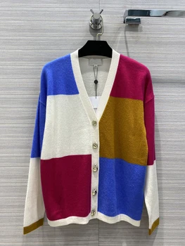 

2020 Autumn New British Style V-neck Patchwork Wool Cashmere Cardigan Women
