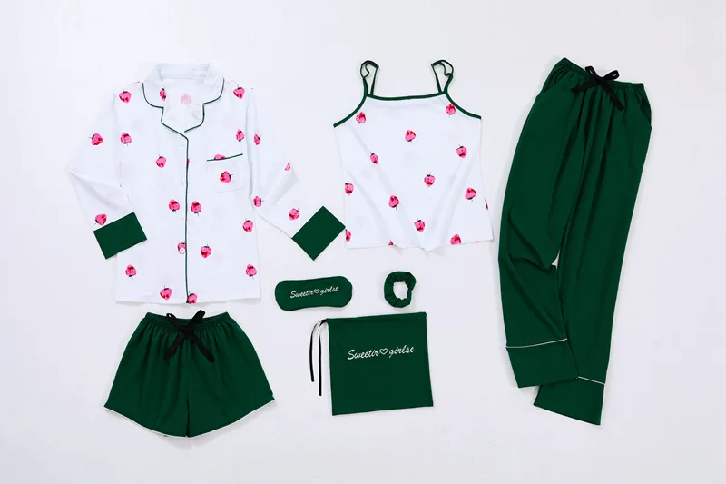 

Sexy Camisole Pure Cotton Seven Sets Pajamas Women's Sweet Cute Green Strawberry Casual Spring And Autumn Homewear Set