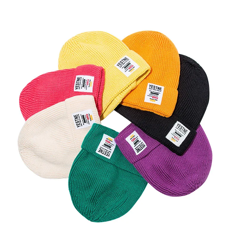 Зимняя женская и мужская шапка бини макароны цветные вязаные теплые повседневные шапочки вязаные однотонные облегающие кепки для мальчиков и девочек хип-хоп кепки в стиле поп Мода