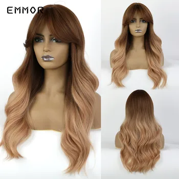 

EMMOR Ombre Light Blonde Synthetic Hair Wigs with Bangs for Black Women Long Brown Root Heat Resistant Cosplay Costume Party Wig