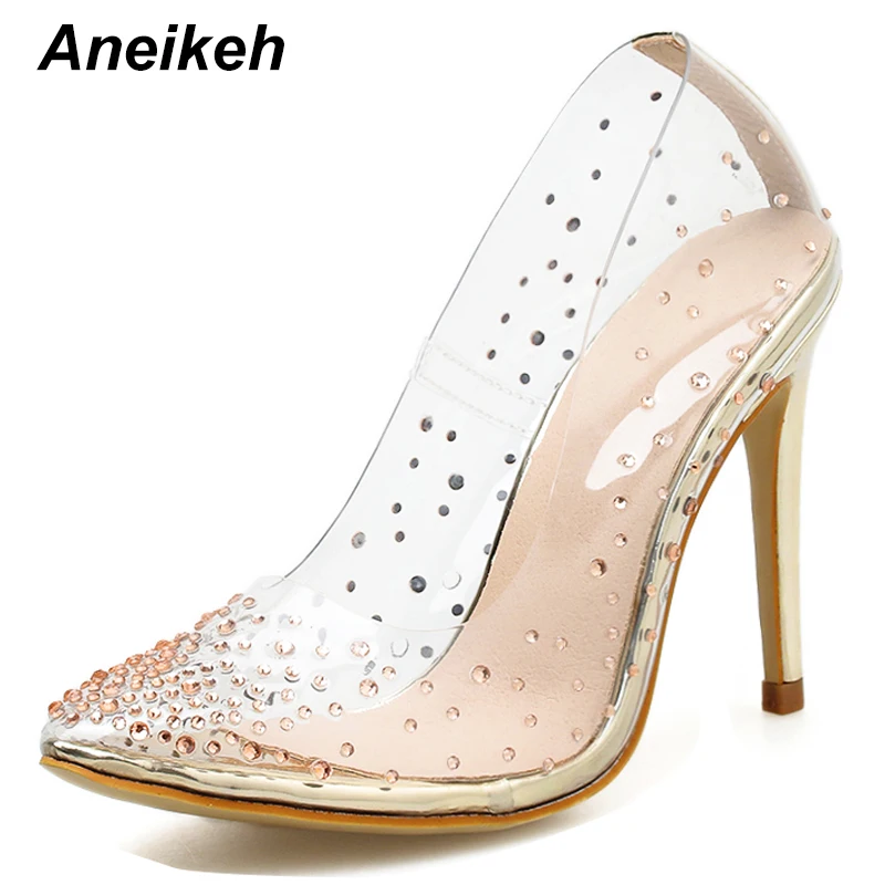 gold Aneikeh/стразы; прозрачные туфли-лодочки из ПВХ; Каблук из плексигласа; стилеты на высоком каблуке с острым носком; женская обувь для вечеринок; туфли-лодочки для ночного клуба; 42 - Цвет: gold