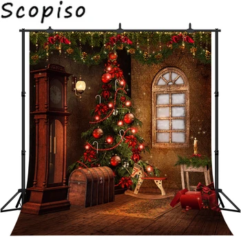 

Scopiso Christmas Backdrop Balls Hobbyhorse Santa Gift Box Retro House Kids Adults Happy New Year Photo Background