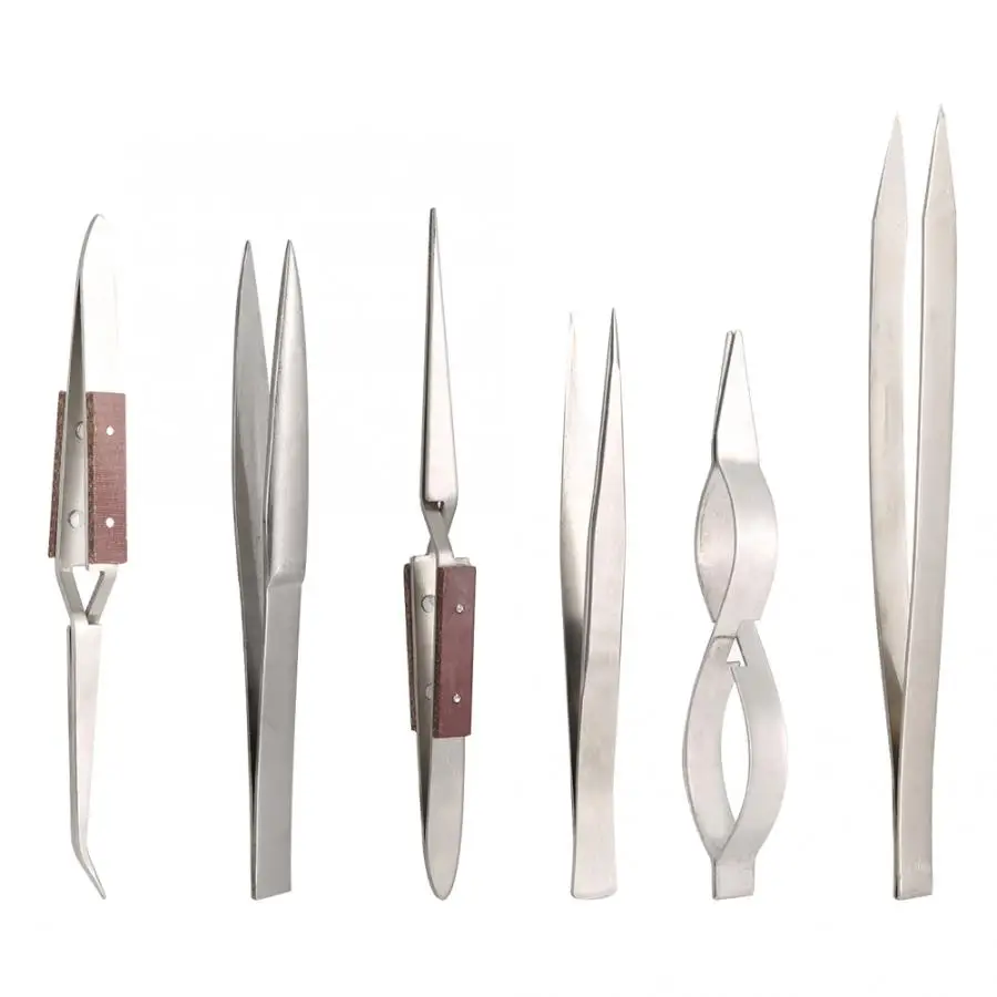 6Pcs Professional Jewelry Tweezers Set Straight/Curved Tip Tweezer