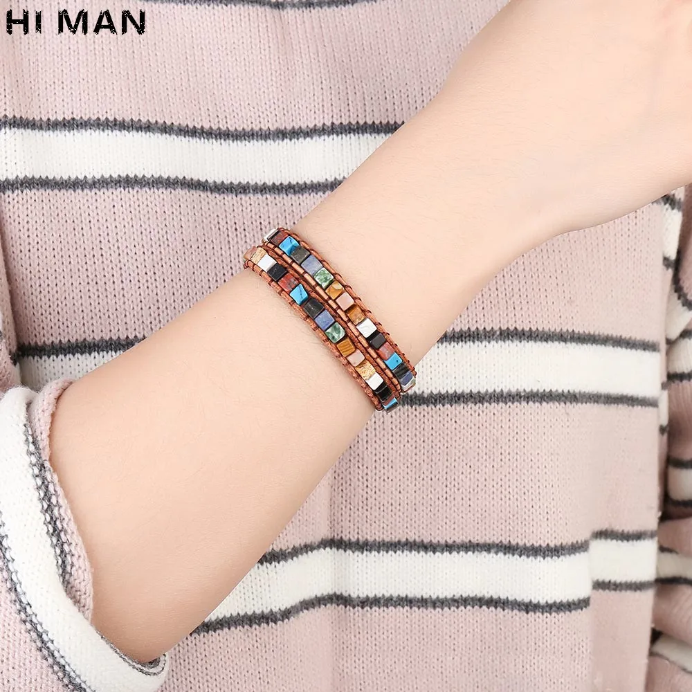Boho Trendy Handmade Adjustable Multilayer Leather Bracelet Women Multi-color Natural Emperor Stone Bead Jewelry Chakra | Украшения и