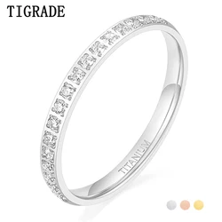 TIGRADE 2mm Women Ring Titanium Eternity Ring Half Cubic Zirconia Anniversary Wedding Engagement Band 18K Gold Plated