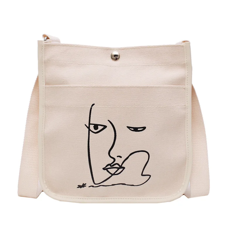 

Ougger Small Messenger Bag Women Shoulder Bags Summer White Canvas Simple Literary Flap Bag with Cartoon Printing for Shopping