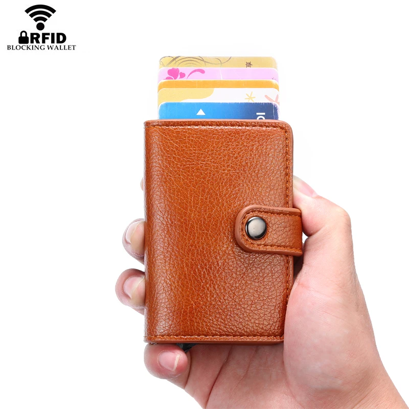 Bycobecy бумажник на кнопке RFID Блокировка винтажные кошельки для кредитных карт всплывающий защитный чехол для карт тонкий Противоугонный держатель для ID