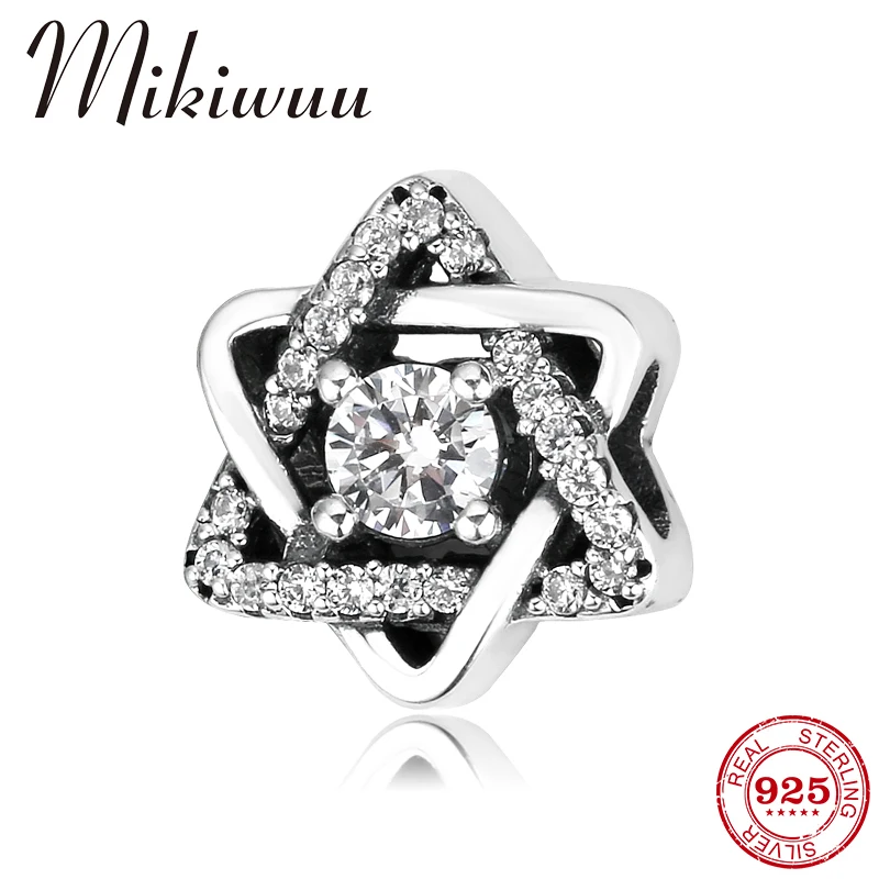 

925 Sterling Silver Hexagonal star Sparkling CZ Fine DIY beads Fit Original Pandora Charm Bracelet Fashion Jewelry making