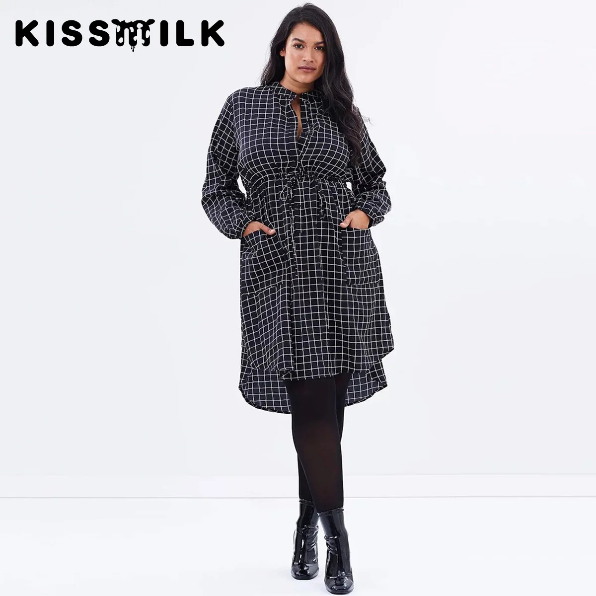 

Autumn Europe And America Large Size Retro Waist Hugging Lace-up Pocket Decoration Pattern Dress Hot Selling