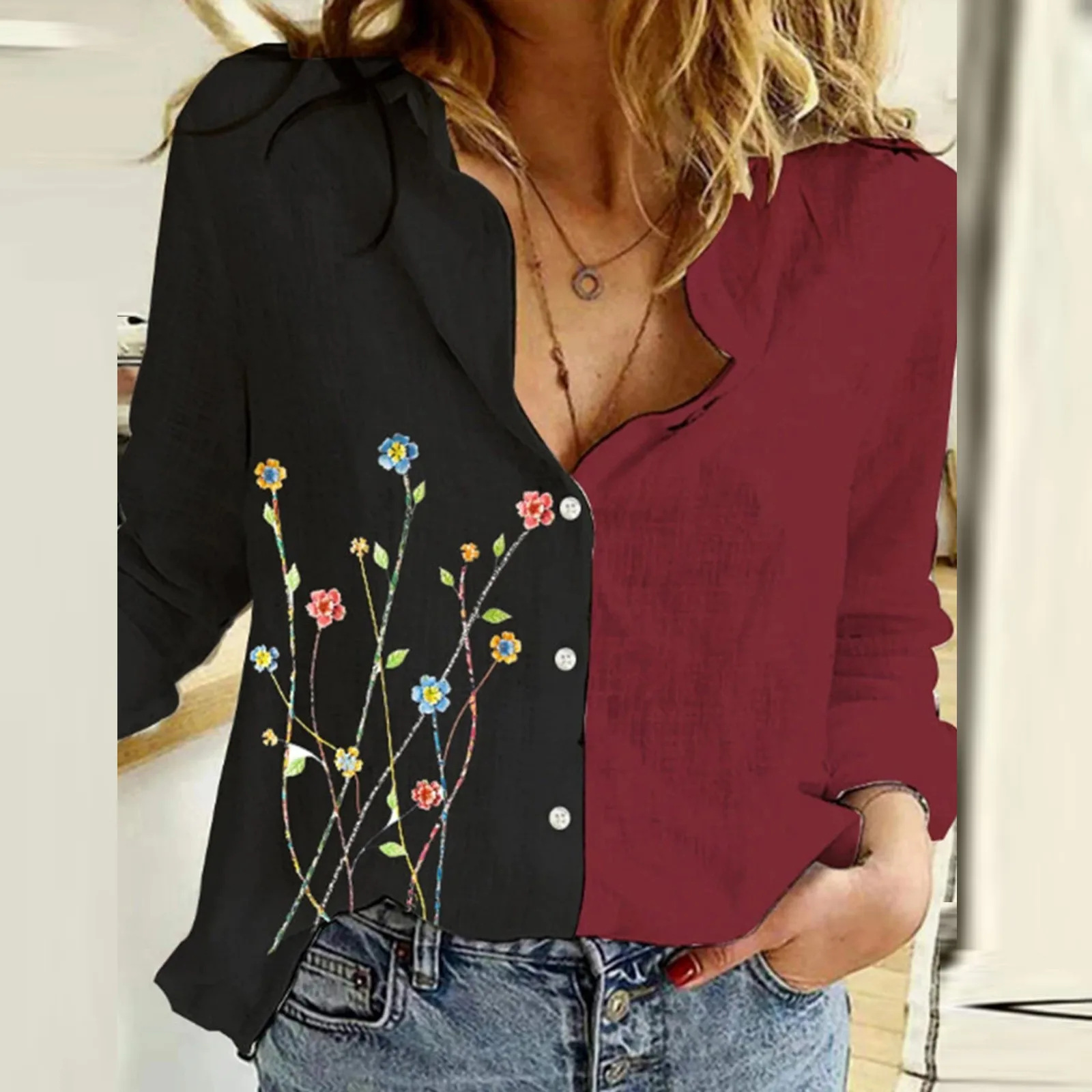 Camisa de manga larga con cuello vuelto para mujer, blusa elegante informal Vintage con estampado de tapeta holgada, #40