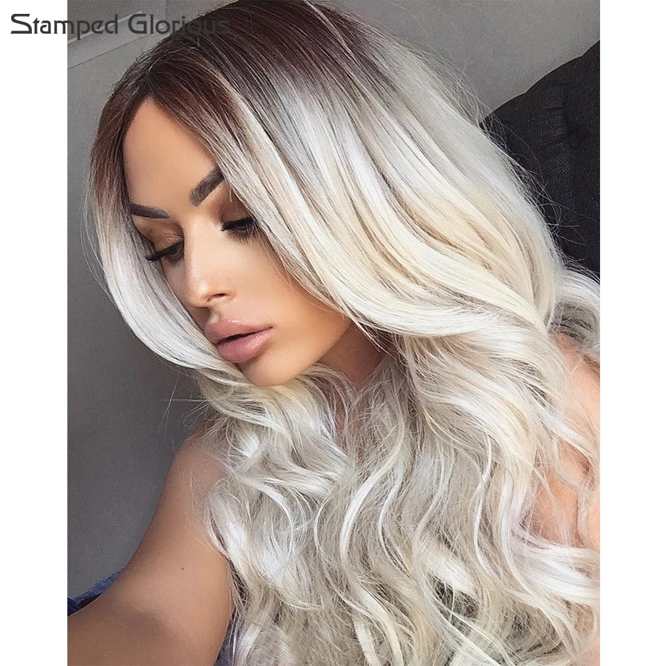 

Stamped Glorious Ombre Long Curly Hair Two Tone Blond Synthetic Wigs for Women Middle Part Wig with Heat Resistant Fiber Hairs