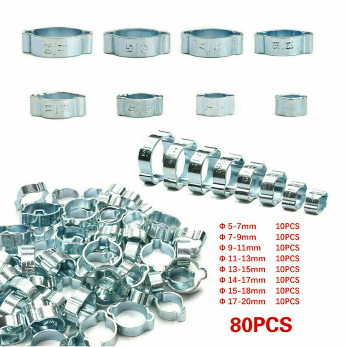 80PCS DOUBLE EAR CLAMP O CLIPS-Crimp Clip Air Silicone Petrol Water Fuel Hose Pipe Stainless Steel Hose Clamps Cinch Clamp Ring