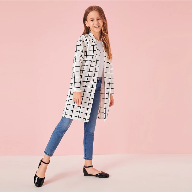 SHEIN Kiddie White Plaid Print Girls Open Front Long Coat Kids Clothes Autumn Long Sleeve Casual Coats For Children