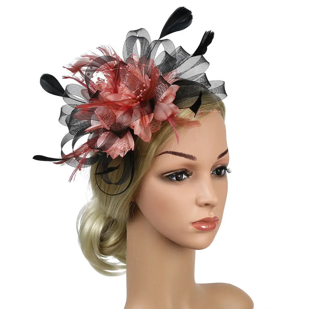 Women Fashion Feather Mesh Fascinator Hat Hair Clip Cocktail Wedding Party Bridal Hat Fascinator Ladies Dress Hair Headband