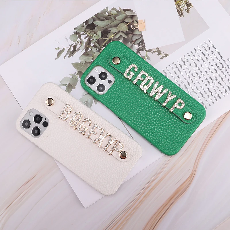Luxury Custom Initial Name Pebble Leather Phone Case For iPhone 11 12 13 Pro Mini Max XR XS 7 8Plus Diamond Metal Letters Cover