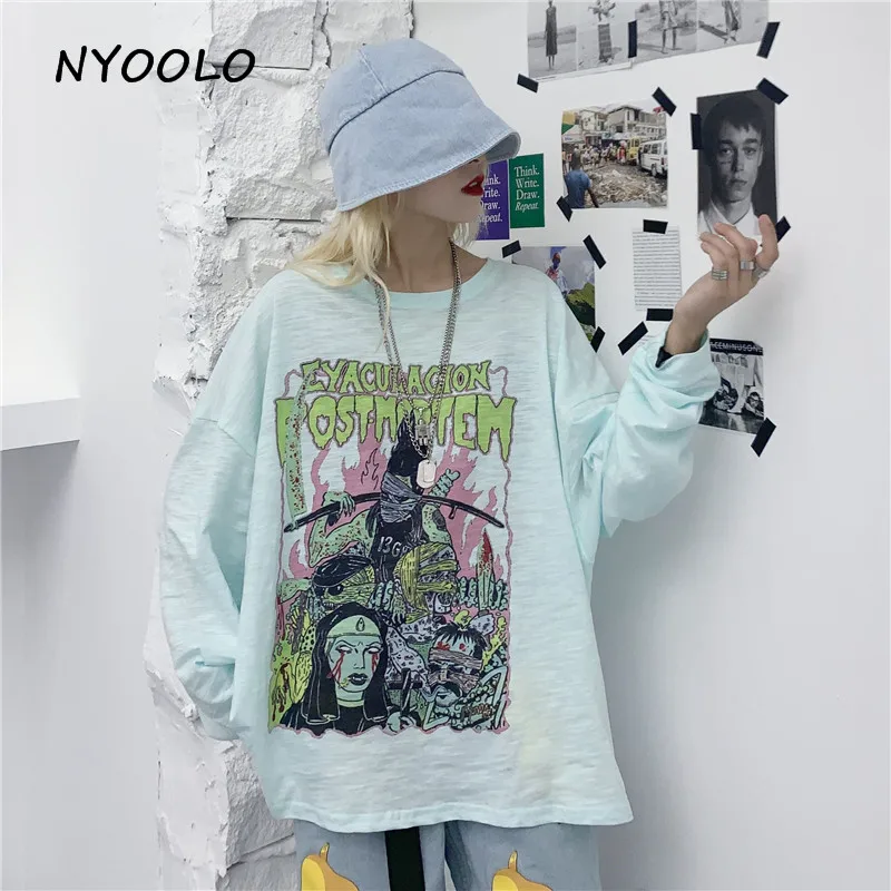 

NYOOLO Harajuku style Horror characters letters print tee shirt Autumn streetwear loose long sleeve t-shirt women clothing top