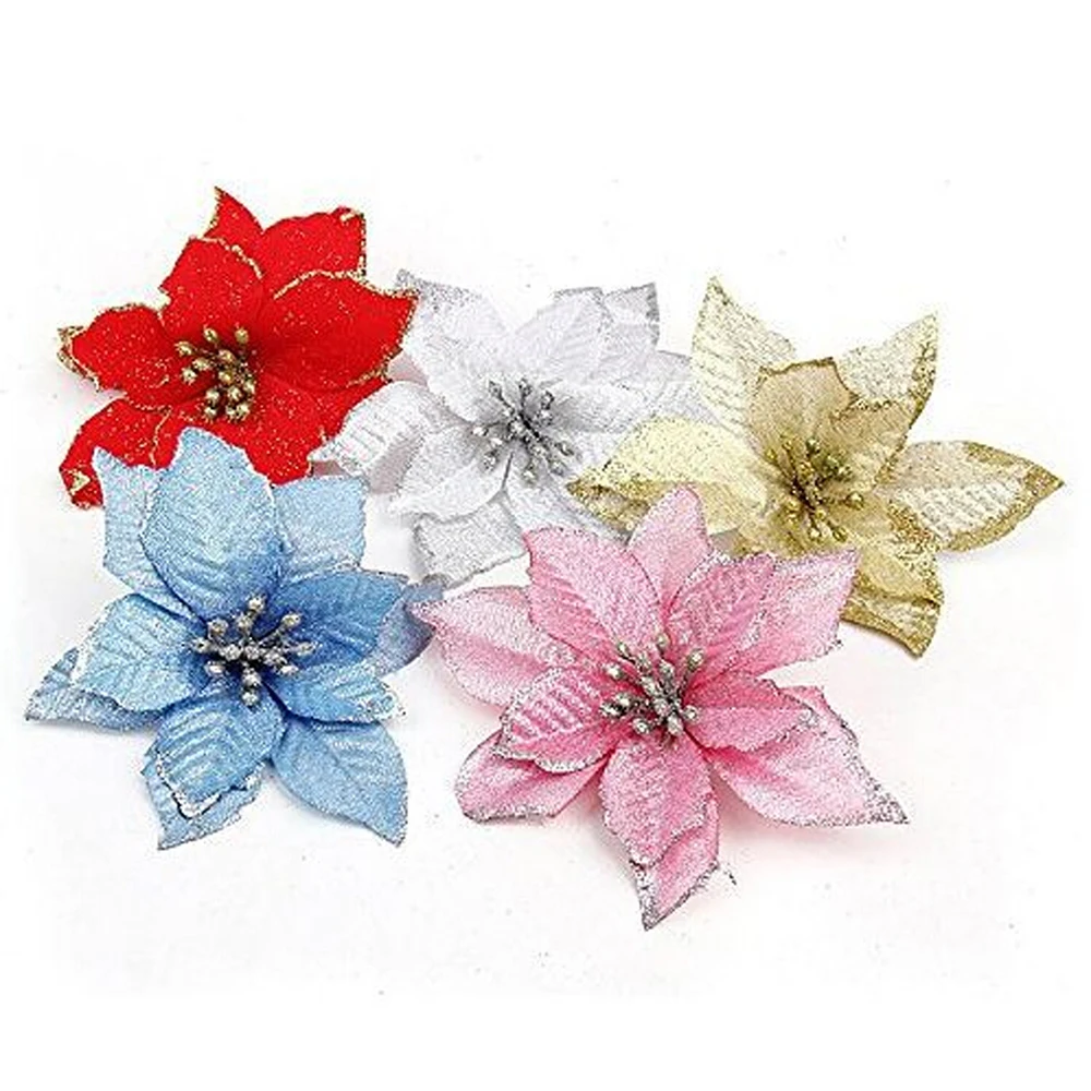 Искусственные цветы для украшения блестки Poinsettia поддельные цветы DIY домашние свадебные декорации цветок голова Рождественская елка Декор