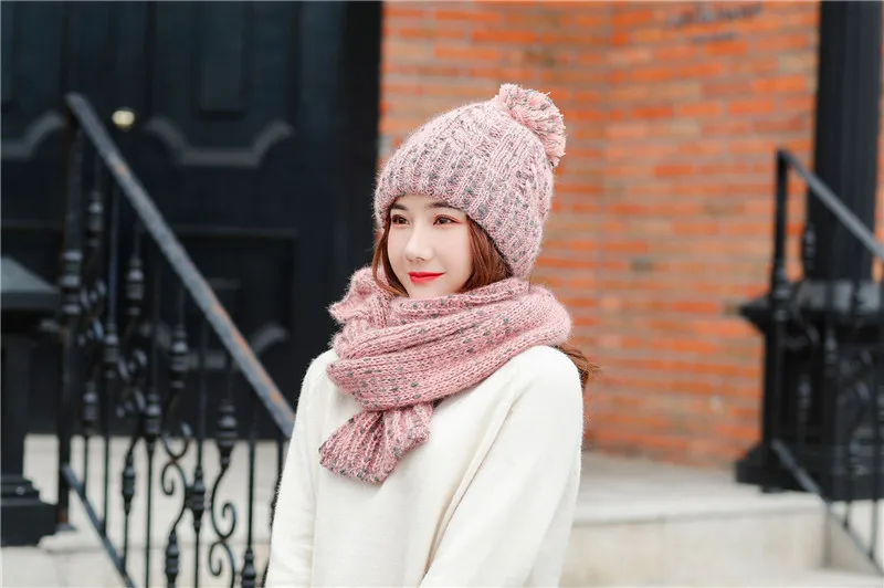 Зимние женские вязаные наборы шарф шапка плюс бархатные толстые шляпы женская теплая шапка длинный шарф Набор для девочек ветрозащитная белая шапка бини