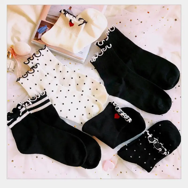 Женские однотонные хлопковые носки в горошек, с сердечками, в полоску; короткие носки с кружевными оборками для девочек; носки до лодыжки; носки осень-зима; 8 пар/лот