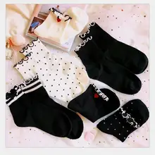 Женские однотонные хлопковые носки в горошек, с сердечками, в полоску; короткие носки с кружевными оборками для девочек; носки до лодыжки; носки осень-зима; 8 пар/лот