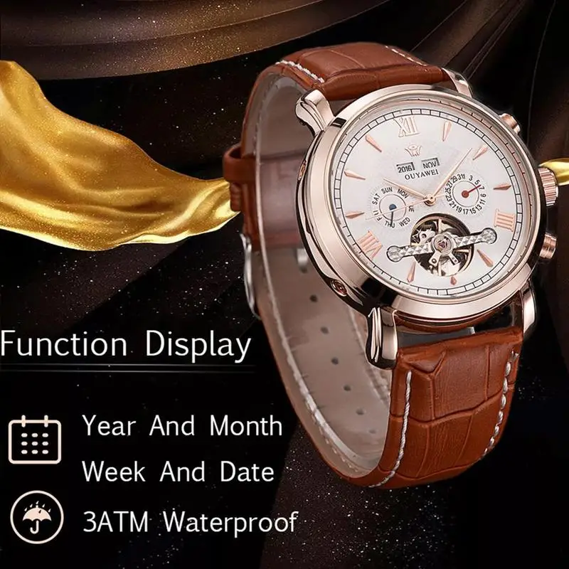 Hot Sale OUYAWEI Leather Automatic Multi-function Men's 30m Waterproof Mechanical Watch Luxury Brand Men Fashion Watches