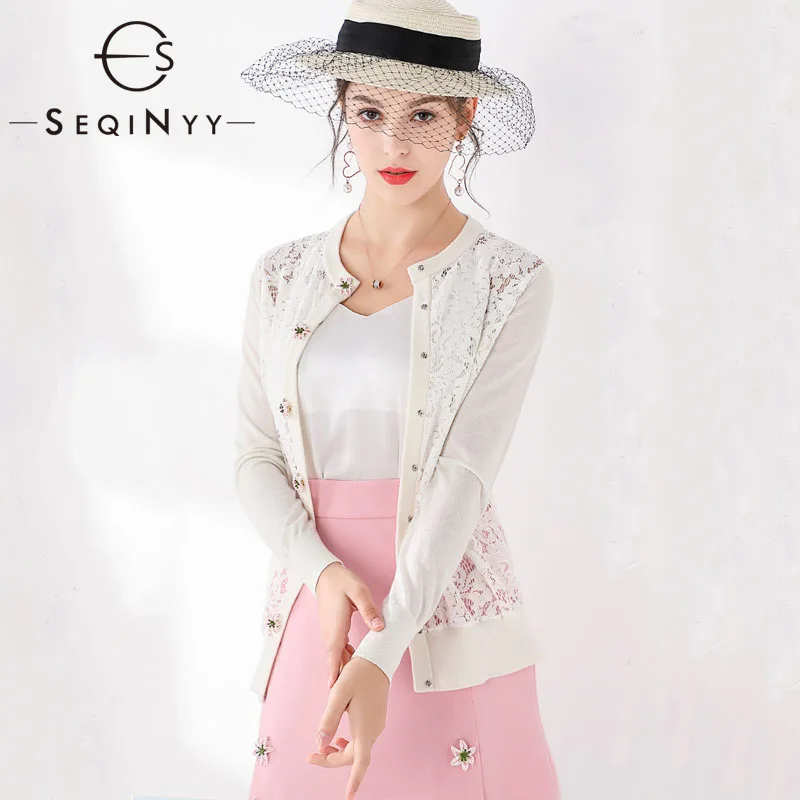 

SEQINYY White Cardigans 2020 Summer Spring New Fashion Design Long Sleeve Women Romantic Lily Flowers Button Lace Knitting Top