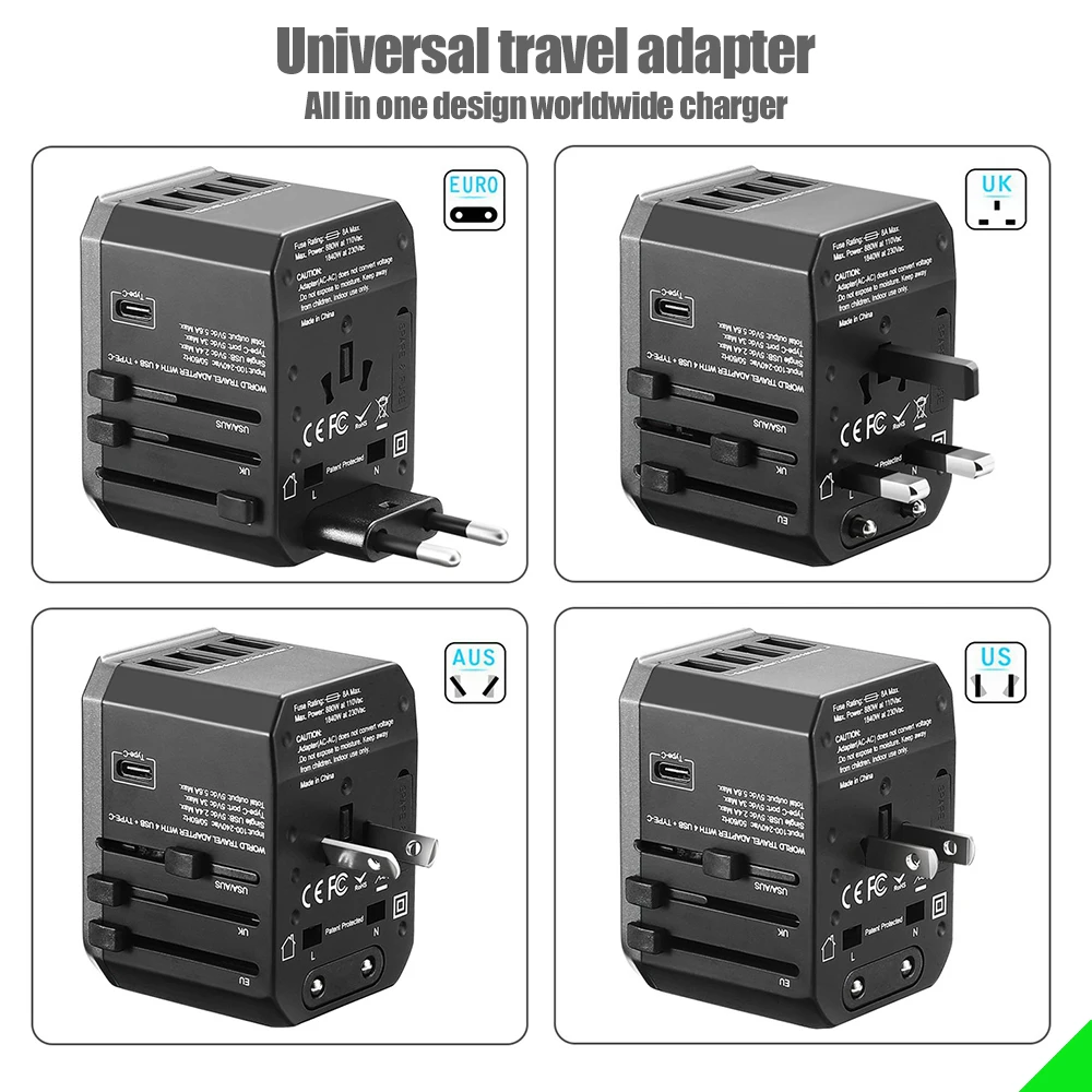 Adaptador de Viagem tipo c Adaptador de Alimentação para Plugues de Viagem Conversor para a ue Carregador de Viagem Universal Reino Unido au 4usb Eua - Image 4