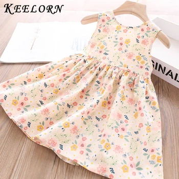 

Keelorn Girls Dresses 2020 Summer Brand New Knee-Length A-Line Dress Sweet Colorful Flower Print Pattern Sleeveless Dresses