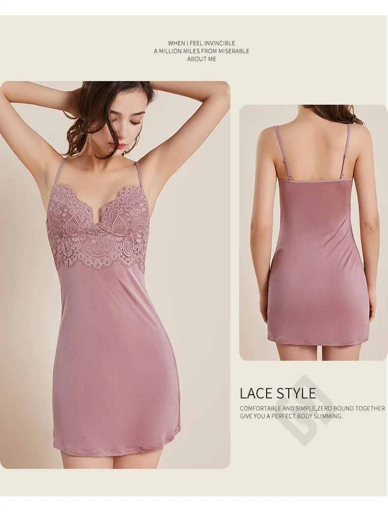 Summer silk sling lace slip dress sexy for women bottoming suspender plus size slim underskirt home nightdress wirefree bra