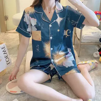 

2 Pcs Pajamas Suit Summer New Simulation Silk Prints Sleepwear Fashion Lapel Top Shorts Female Home Wear Sets With Pocket