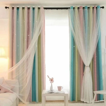 

Double-Layer Window Gauze Curtain Blackout Hollow Stars Panel And Gauze Valance For Bedroom Living Room Home Decoration