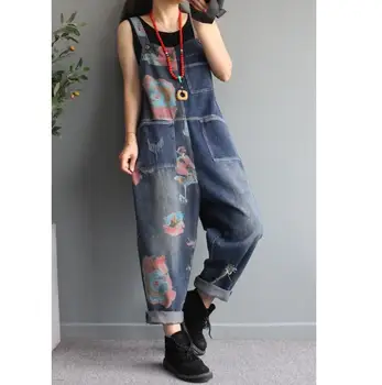 

Vintage Overall Jeans Woman Spaghetti Strap Floral Print Loose Slim Fit Pocket Bib Jeans Trousers r1145