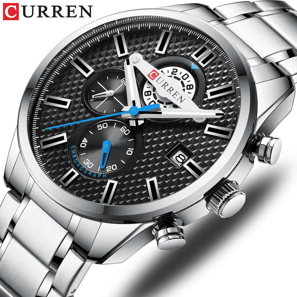 

2019 CURREN Luxury Business Men's Watch Chronograph and Auto Date Stainless Steel Band Quartz Wristwatch Men Clock Causal Sports