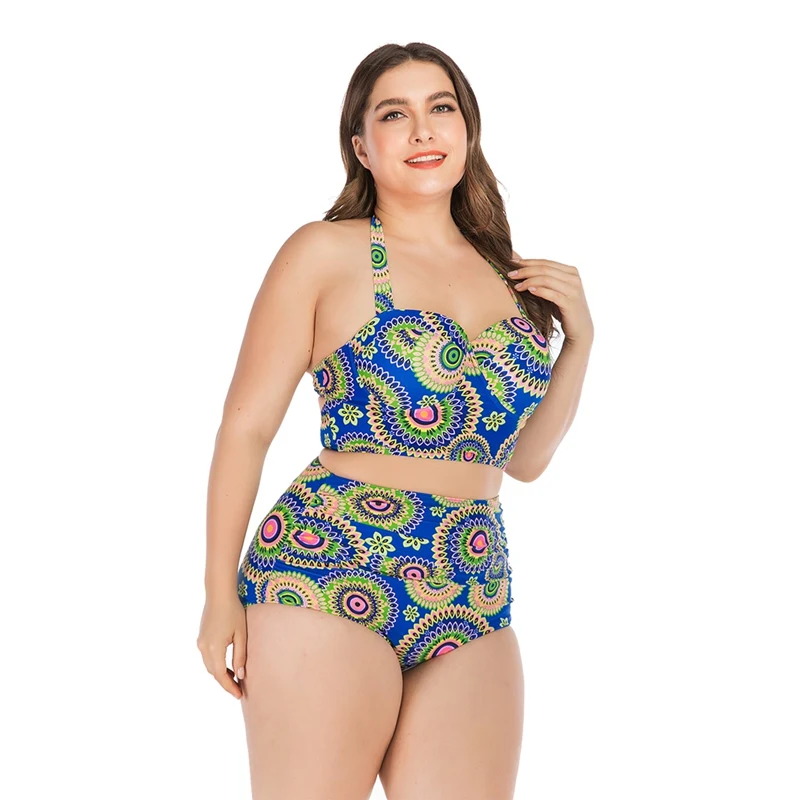 

Women Tankini Printed Halter Top High Waist Bikini Swimwear Lady Underwire Padded Bra Plus Size Swimsuit Beach Suit