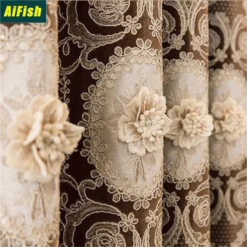 

European Style Embossed Embossed Vertical Curtain Curtains With Window Screens Rope Embroidery Folded Flowers And Beading ZH442