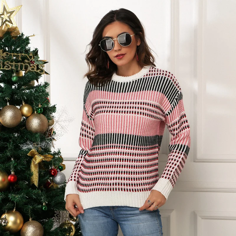 

Autumn Winter 2020 New Women's Loose Pullover Sweater Long Sleeve Round Neck Stripe Women Pullovers Sweater Women