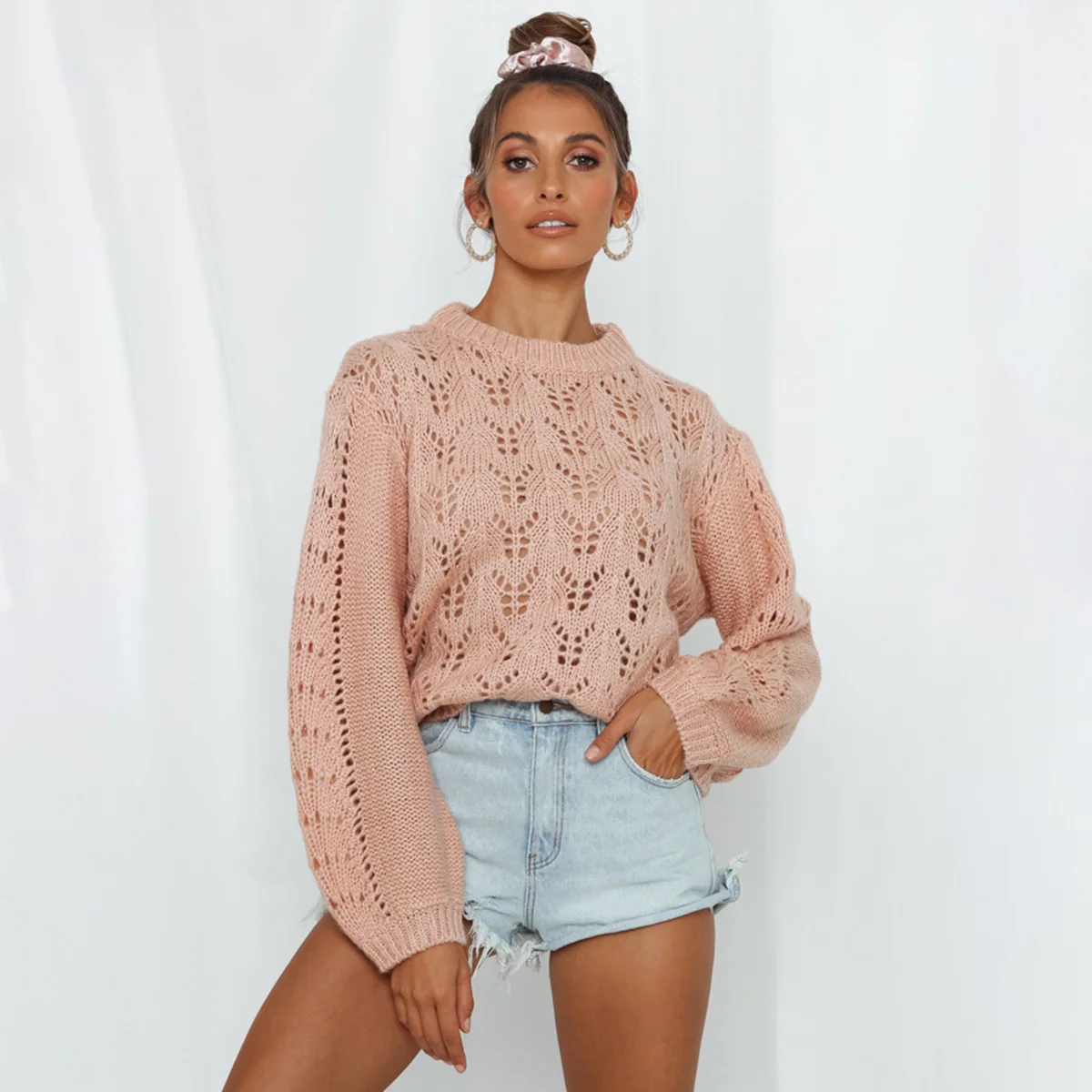 

Jastie 2020 Spring Autumn Knitwear Jumper Crewneck Pullover Top Hollow Out Crochet Lace Chic Women Sweater Knit Top sueter mujer