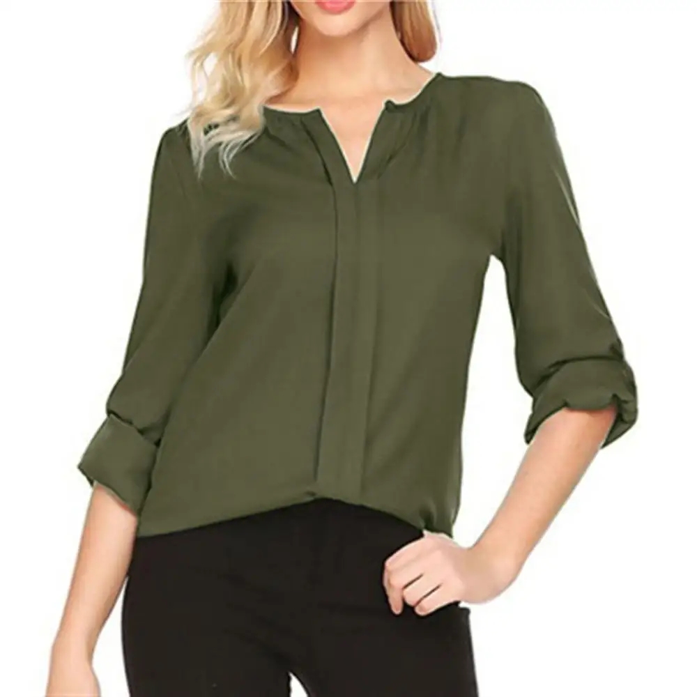 Army Green Однотонная блузка с длинным рукавом, шифоновая блузка с v-образным вырезом, Женские топы и блузки, однотонная офисная рубашка, женская блузка, рубашка, большой размер 5XL - Цвет: Army Green