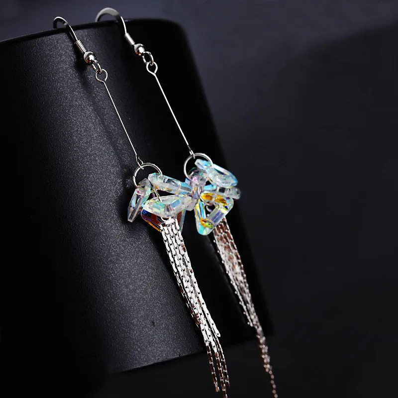 

Charm Female Rainbow Stone Earrings Fashion Silver Color Tassel Drop Earrings Simple Long Dangle Bride Wedding Earrings