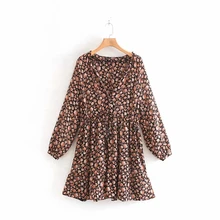 Vintage Flower Printing V Neck Waist Drawstring Women Dress Autumn Leisure Lady Long Sleeve Loose Dresses D3679