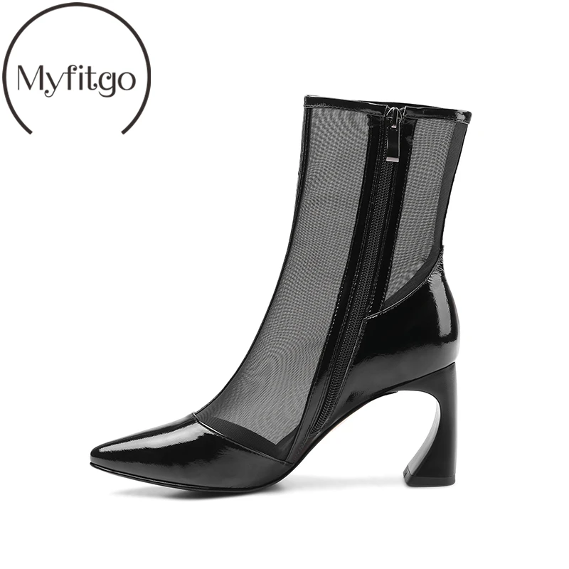 

Myfitgo Air Mesh Black Ladies Mid-calf Boots Zipper Strange High Heels Patent Leather Pointed Toe Shank Long Boots for Women