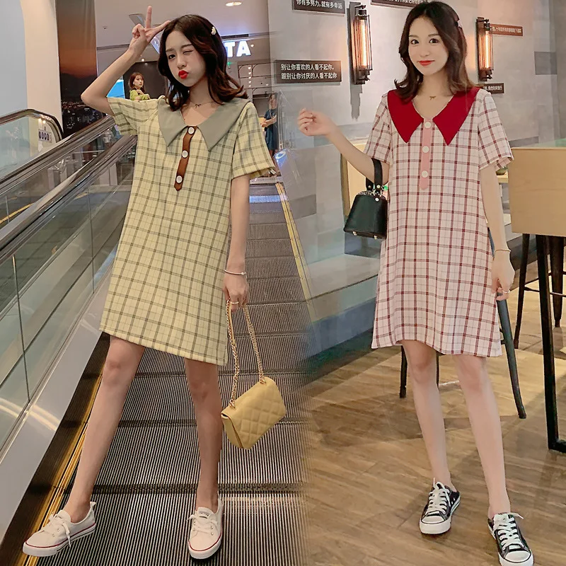 

2019 Summer Simple Three Buckles Contrast Color Plaid Short Skirt CHIC Super Fire Peter Pan Collar Tops Maternity Clothes Dress