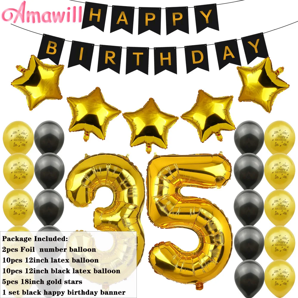 Amawill 65-й день рождения комплект украшений для вечеринки с днем рождения баннер золотой черный шар 65-летний вечерние принадлежности 6D - Цвет: 35th